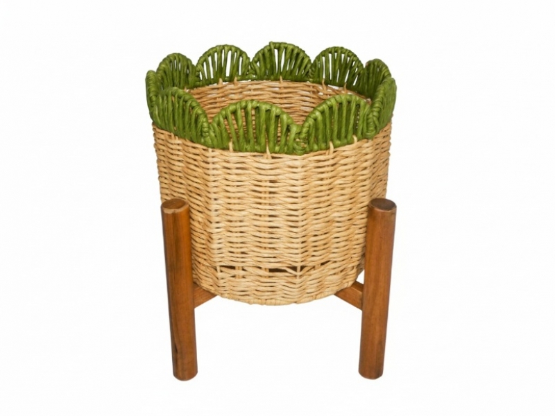 Bespoke Round Scalloped Paper Rope Planter with KD Wood Legs